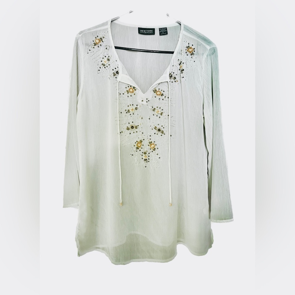 Y2K Sheer white tunic top with peach, bronze & silver sequins and beading. Sz L
